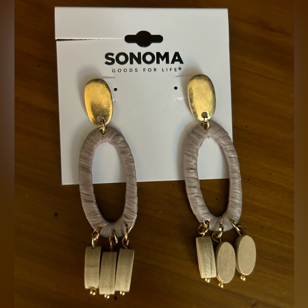 Sonoma boho gold and wood wrapped 3” length pierced earrings NWT